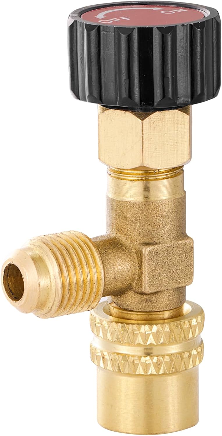 Tigbear R410 Refrigerant Charging Valve, Safety Flow Control Ball Valve, Brass Low Loss HVAC Fittings for R410 AC Manifold, Mini Split Air Conditioner Tool (5/16'' Male x 5/16'' Female) - Image 1